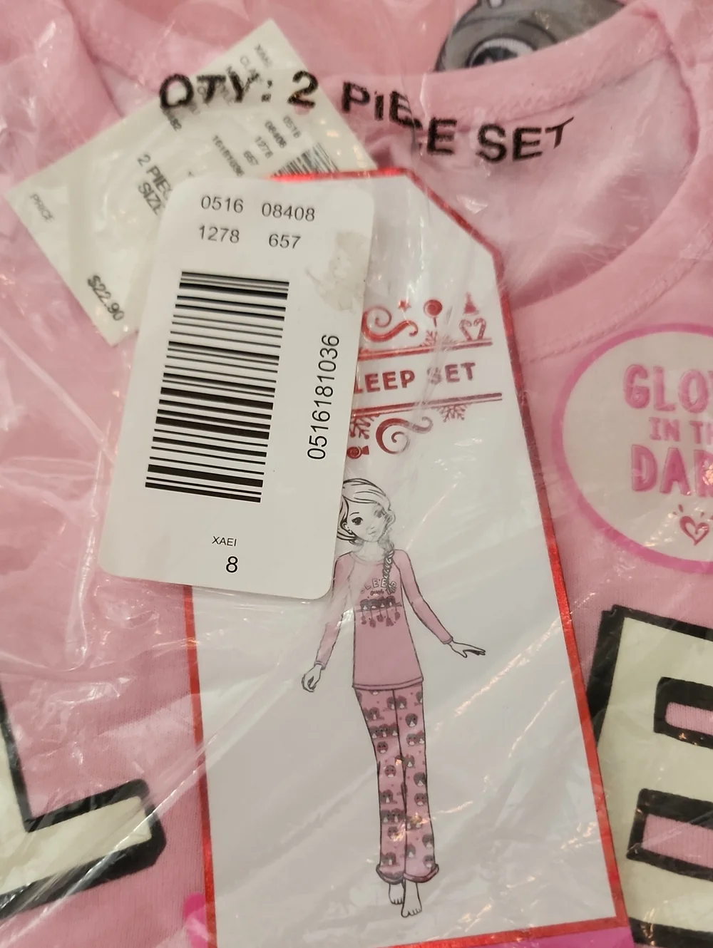 NIP Deadstock Justice Girls Glow-in-the-Dark PJ Set Size 8 Pink Original Retail